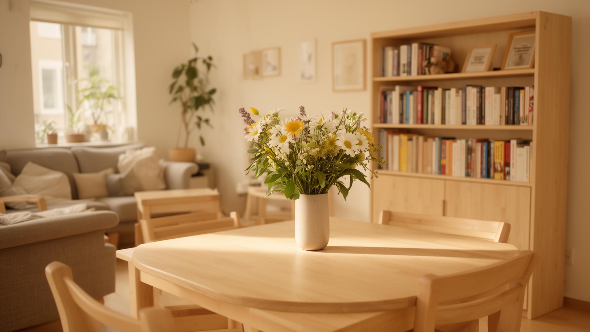 Gemensamt vardagsrum i ett LSS-boende med bokhylla, blommor och dagsljus