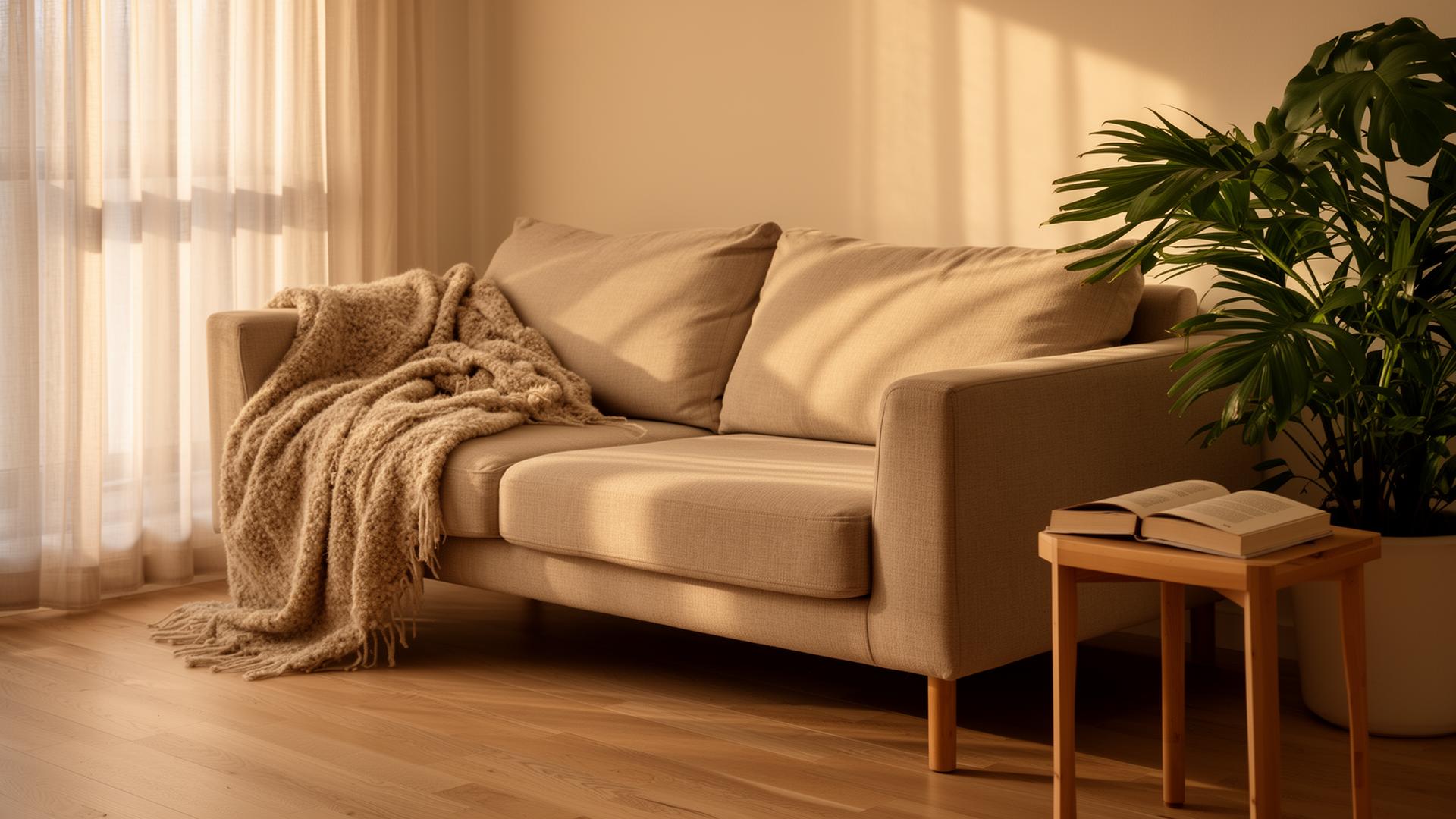Hemmiljö hos en brukare, soffa med pläd och växt i varmt eftermiddagsljus