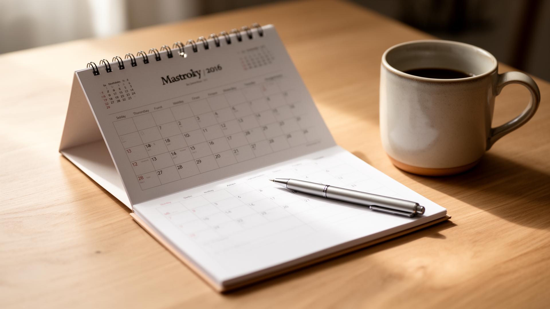 Kalender och penna på ekbord i morgonljus