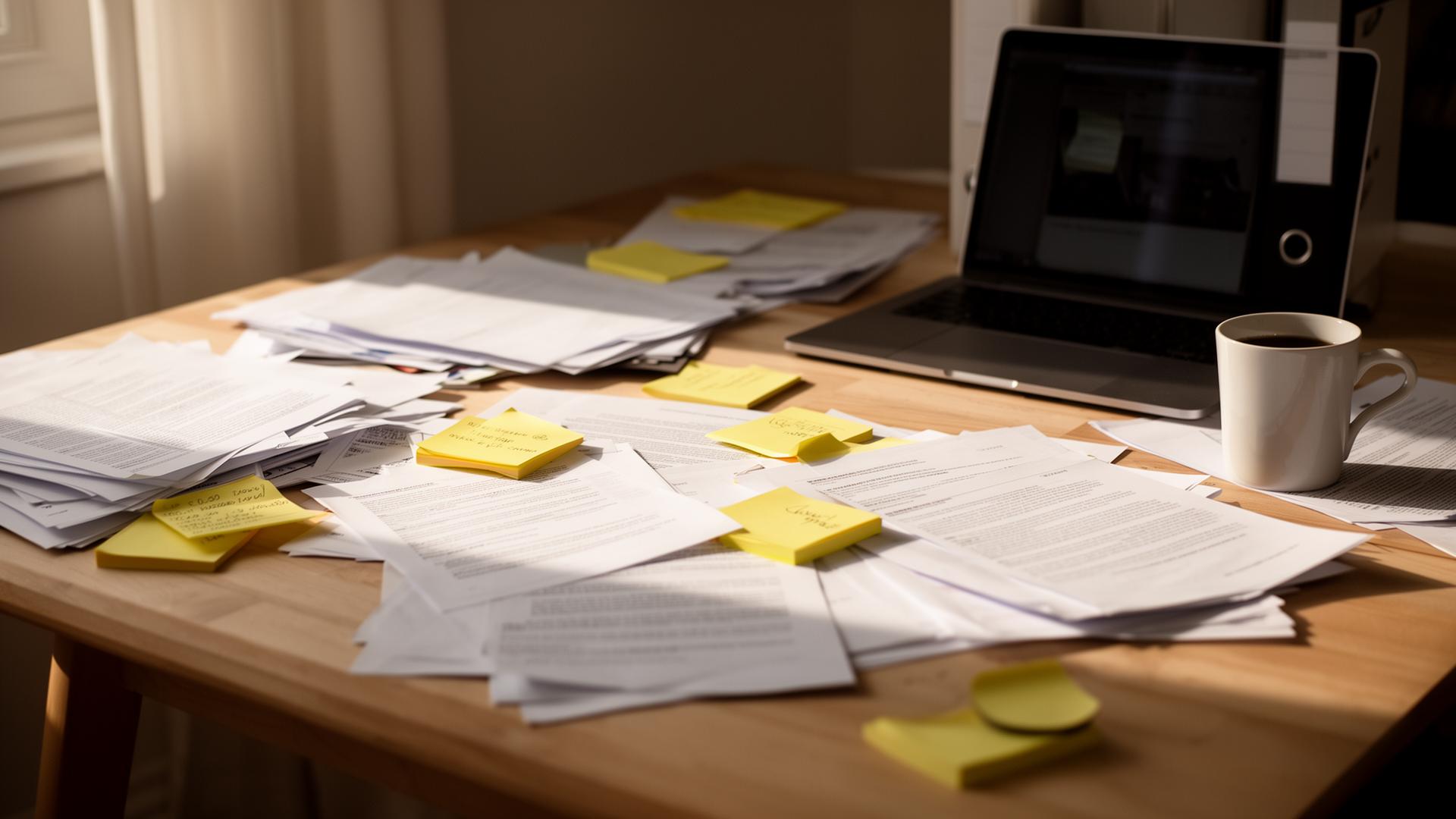 Skrivbord med pappershögar, post-it och laptop i mjukt sidoljus